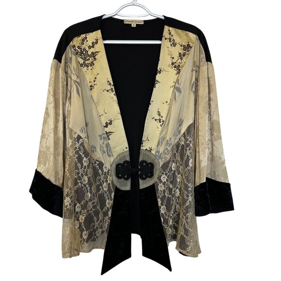 Spencer Alexis Y2K Kimono Top Size 2X Tan Black Floral Lace Velvet Fairy READ - Picture 1 of 16